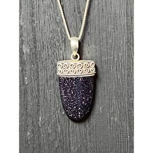 925 Sterling Silver Purple Goldstone Pendant Necklace 20” Box Chain Boho Artisan
